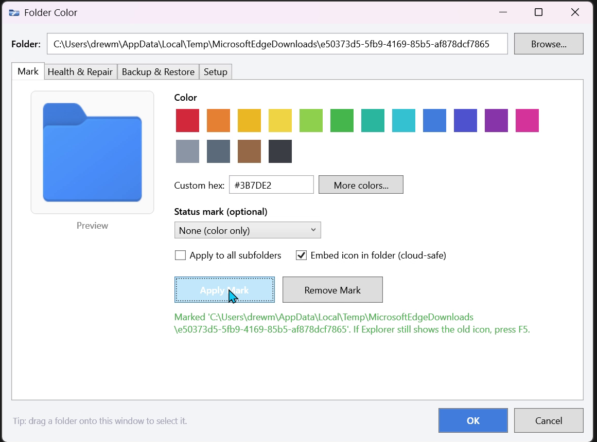 Folder Color application window showing the Mark tab with color swatches and a live folder preview