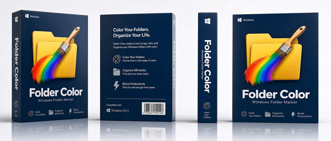 Folder Color box shown from four angles: front, back, spine, and front again